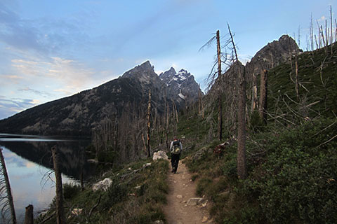 hiker on the Jenny Lake Trail with the Cathedral Peaks in the background