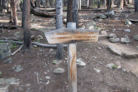 Colorado Trail and Mount Massive Trail Junction. Wooden sign marks the junction