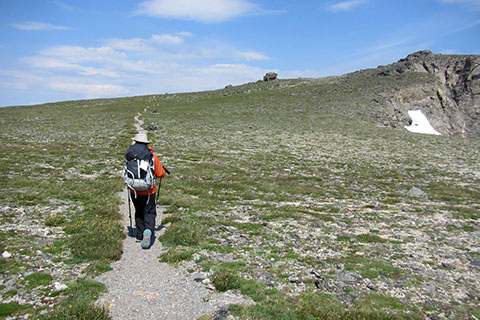 Hiker climbing towar Ptarmigan Point as the trail crosses alpine tundra